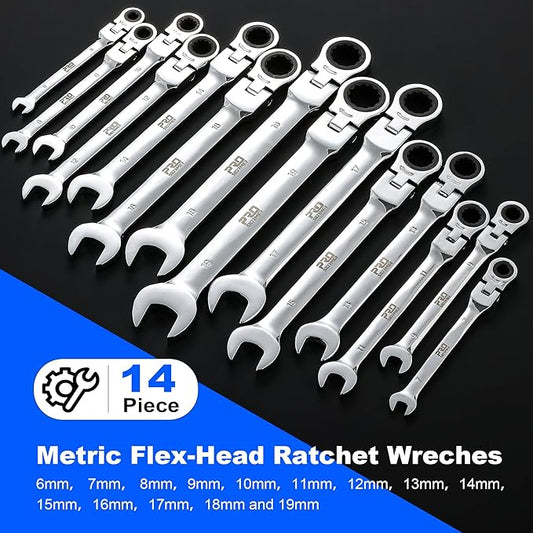 Prostormer 14-Piece Metric Flex-Head Ratcheting Wrench Set, 6-19mm Combination Wrench Kit with Storage Case, 72 Tooth, Cr-V Steel Constructed