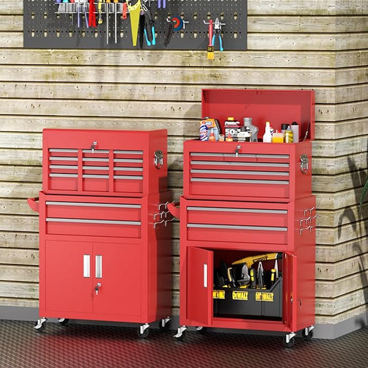 INTERGREAT 8 Rolling Drawers Tool Chest, Assembled Tool Chest with Wheels, Detachable Top Tool Box, Tool Cabinet for Repair Room,Warehouse, Rolling Tool Box with Hooks,Tray Divider,Liners, Red