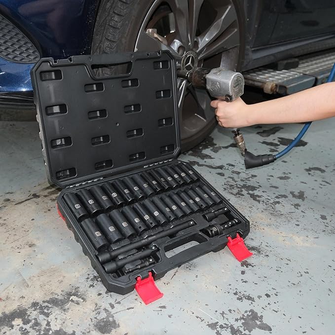 Mayouko 1/2" Drive Impact Deep Socket Set, SAE (3/8 to 1 inch) and Metric (10-24mm) Sizes with 3", 5", 10" Extension Bars, CR-V Steel, Complete Impact Wrench Socket