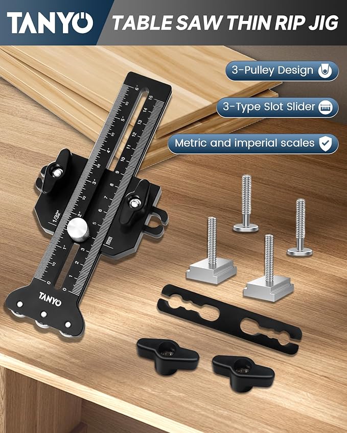 TANYO Thin Rip Jig Table Saw Jig Guide for Making Repetitive Narrow Strip, 3 Pulleys Thin Strip Cut for 3/8“ x 3/4” U Slot and 1/4“ x 3/8” T Slot, Woodworking Tool for Table Saw Band Saw Router Table