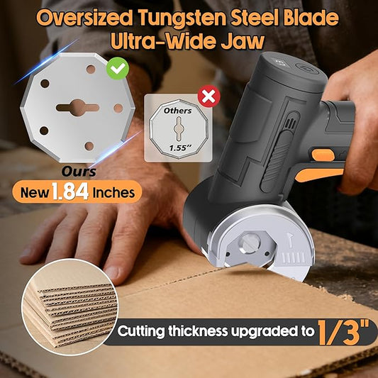 2026 Upgraded Cordless Electric Scissors - Larger 1.84" Tungsten Blade, Wider Opening, 320 RPM, 1/3" Max Thickness, 3-Speed & LED Display, Cardboard Cutter Designed for Cardboard box, Black