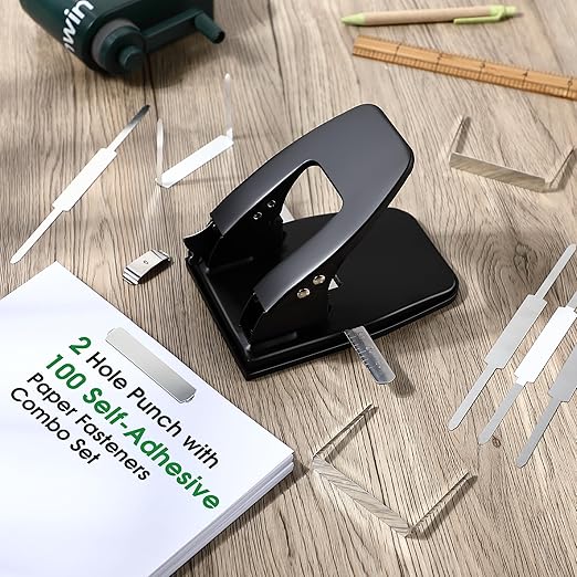 Dreyoo 2 Hole Punch with 100 Prong Paper Fasteners, Heavy Duty Two Hole Paper Puncher for File Folder and Metal File Fasteners Combo Set, 30 Sheet Capacity, Padded Handle(Self Adhesive)