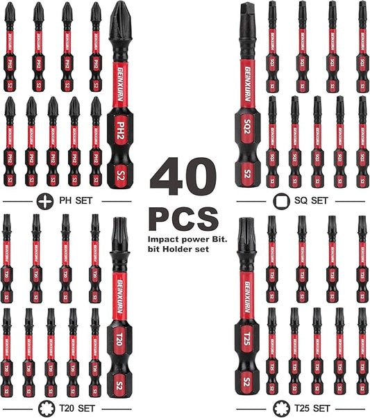 Impact Tough Phillips Square Torx 2 in. Insert Driver Bits, 40Pack Bulk T20/T25/PH2/SQ2 Screwdriver Power Bits Set