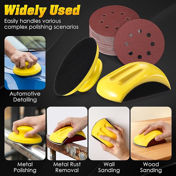 Huwena 5 Inch Hook and Loop Sanding Block Set, 2 Pcs Round and Mouse Sanding Block with 50 Pcs Different Grit Discs Sandpapers, Sand Paper for Wood Furniture Restoration Home Arts and Crafts