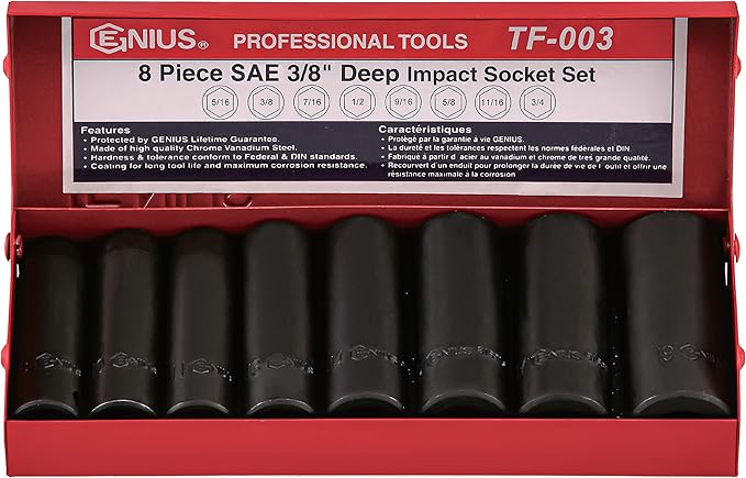 Genius Tools 8pc 3/8" Drive SAE Deep Impact Socket Set TF-003