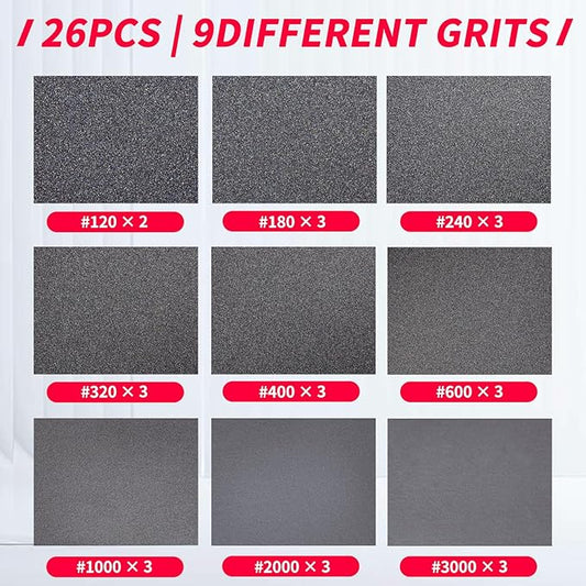 26PCS Sanding Sponge, Washable and Reusable Sanding Blocks, Hook & Loop Wet Dry Sandpaper Block for Drywall Metal Wood Furniture and Model Polishing, 120-3000 Grit Sand Paper Assortment Pack