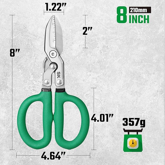SK 8" Compound Action Tin Snips, Metal Shears with Forged Blade, Heavy Duty Metal Cutter Scissors, Ergonomic Handle for Comfortable Grip