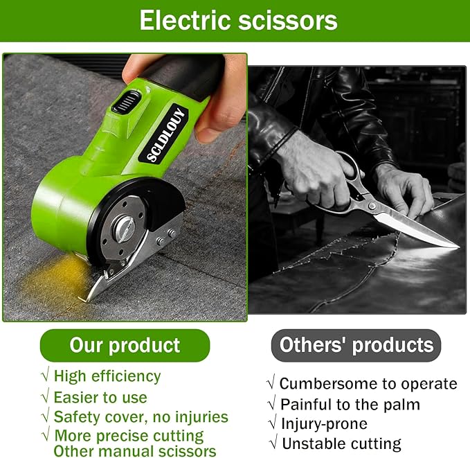 High-Speed Cardboard Cutter, Cordless Rechargeable Electric Scissors with Safety Lock and LED Light, Rotating Blade for Cardboard Fabric Carpet (Green)