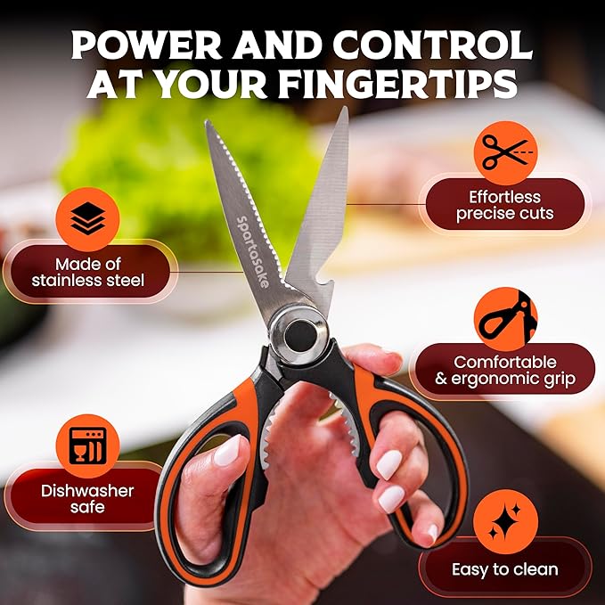 SpartaSake Kitchen Shears (2 Pack) ??Heavy-Duty Stainless Steel Scissors ??Multipurpose Utility for Food Prep & Home Use (Black-Orange)