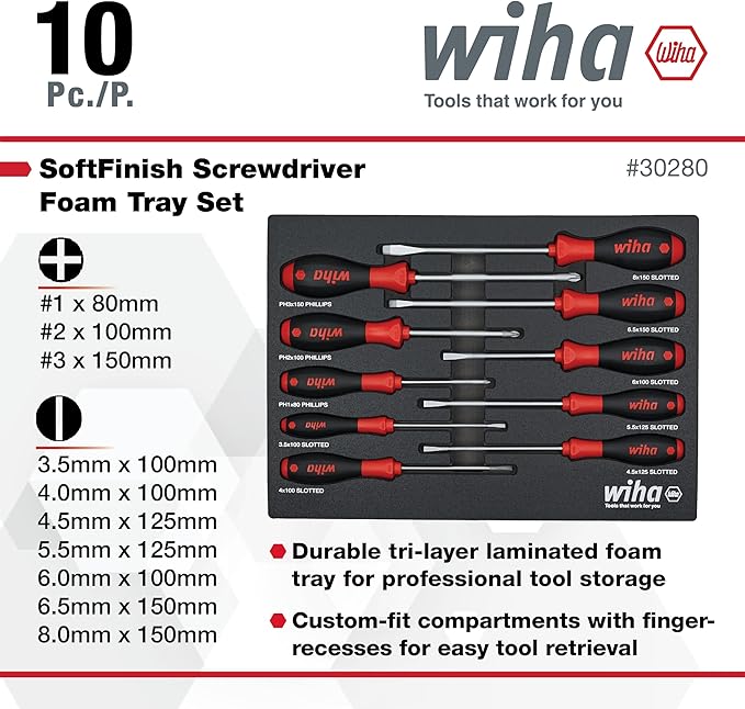 Wiha 30280 10 Piece SoftFinish Cushion Grip Screwdriver Tray Set