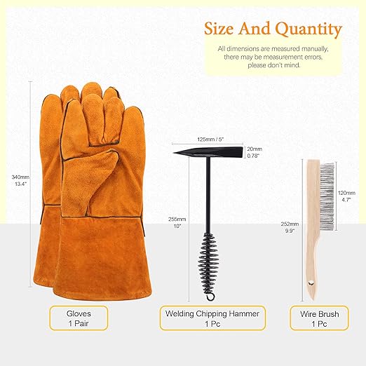 3 Pack Scratch Wire Brush Slag Removal Tool Kit with Welding Leather Gloves, 10 Inch Welding Chipping Hammer and Wirebrush, Welding Slag Removal Tool for Cleaning Removing Slag