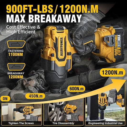 Cordless Impact Wrench, 900Ft-lbs (1200N.m) 1/2" Brushless Impact Gun, 20V High Torque Power Impact Driver, 2x4.0Ah Batteries,Brushless Motor 2400 RPM Variable Speeds for Family Car/Pickup Truck/Mower