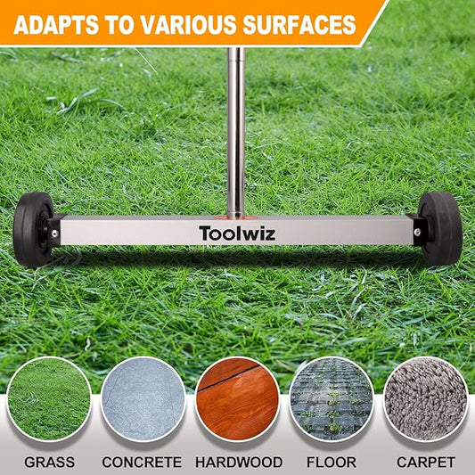 Toolwiz Magnetic Pick Up Sweeper 17-inch Heavy Duty Magnet Pickup Lawn Sweeper Roofing Tools, 8.8 Lbs Yard Magnet with Telescoping Holder and Wheels to Pick Up Nails Magnetic Sweeper for Construction