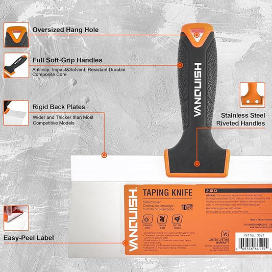 VANQUISH 10 Inch Stainless Steel Drywall Taping Knife Soft Grip Handle, Perfect for Drywall Joint Taping, Finishing & Patching 3591
