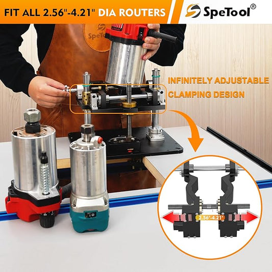 SpeTool Router Lift for 2.56??4.21??Dia Routers, Precision All-aluminum Router Table Lift System with 3 Magnetic Insert Rings, 9-1/4"x11-3/4" Router Table Insert Plate for Woodworking Add DIY Template