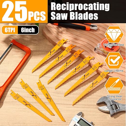 Lothee 25 Pack 6tpi Reciprocating Saw Blade Bulk Taper-Back Bi-Metal Saw Blades for Metal Woodcutting General Purpose Wood Cutting Pipe (6 Inch)