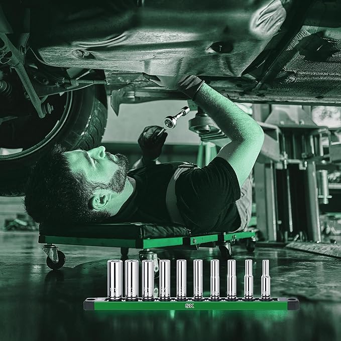 SK 1/4" Drive Socket Set, Deep SAE Sockets, 10-Piece 3/16" to 9/16 ", SuperKrome Finish, Premium CR-V Construction, with Aluminum Socket Organizer