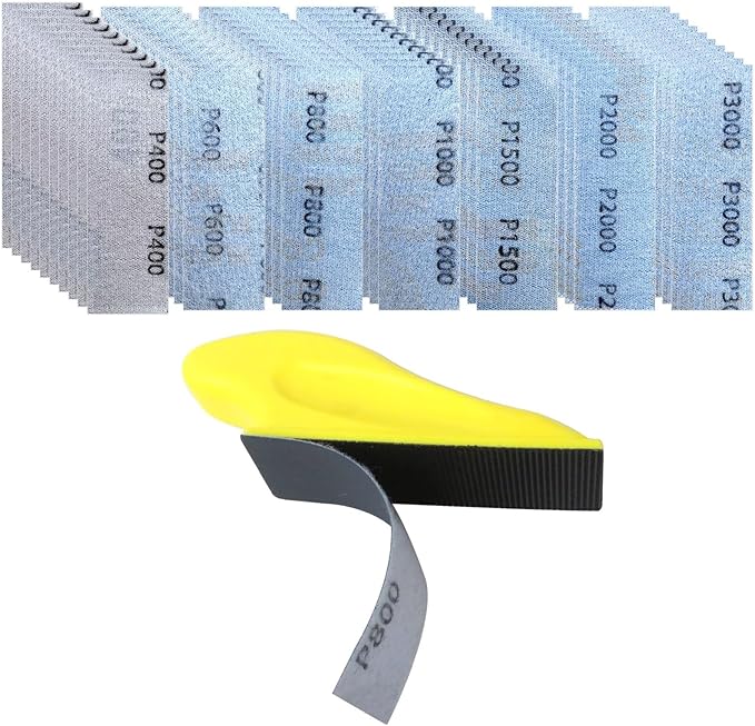 Micro Detail Sander Paper Kit WITH 70xWet Dry Sandpaper-Grit 400 600 800 1000 1500 2000 3000,3.5?쓝 1?쒱and Sanding Block with Hook and Loop Sanding Strips for Wood Metal Glass Surface