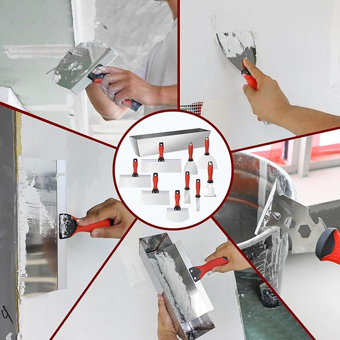 10Pcs Drywall Tool Kit, Stainless Steel Putty Knife Set with 1"-6" Knives, 8"-12" Taping Knives, 9-in-1 Painter Scraper, 12" Mud Pan & 6" Scoop for Drywall Taping, Finishing, and Patching