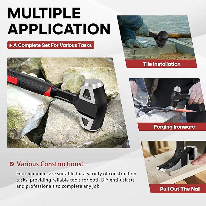 YIYITOOLS 4-Piece Hammer Set - 2LB Dead Blow, 24oz Ball Peen, 20oz Claw, 3LB Sledgehammer - One-Piece Carbon Steel Forging, Ergonomic Anti-Slip Rubber Grips for Garages, Repair Shops, and DIY