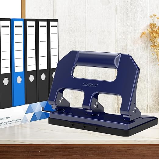 AFMAT Heavy Duty 3 Hole Punch, 3 Hole Puncher for Binder, 40-Sheet Three Hole Punch w/ 10000+ Uses, Metal Hole Puncher 3 Ring, 50% Reduced Effort, 9/32inch Hole, Bulit-in S.S. Paper Guide HPX1 (Blue)