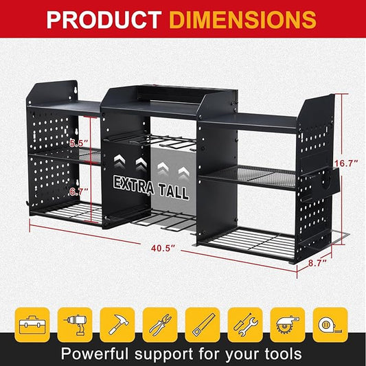 3 layers power tool organizer Loads 150lbs with 8 Cordless Drill Holder and 8 Outlet Power Strip,it’s good choice for husband birthday gift,black