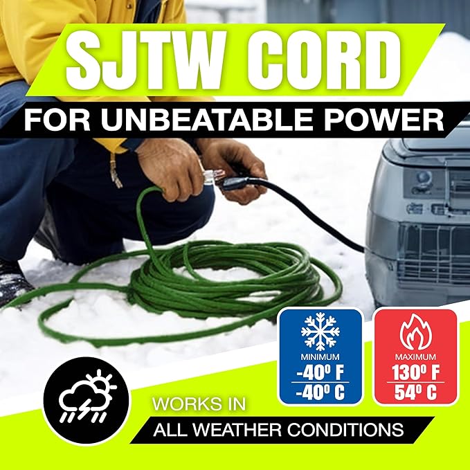 50ft Outdoor/Indoor Extension Cord 10/3 Gauge Ultra Heavy Duty 3 Prong SJTW, Waterproof, Flexible Cold-Resistant Long Power Cord,15A 125V 1875W, Green by LifeSupplyUSA