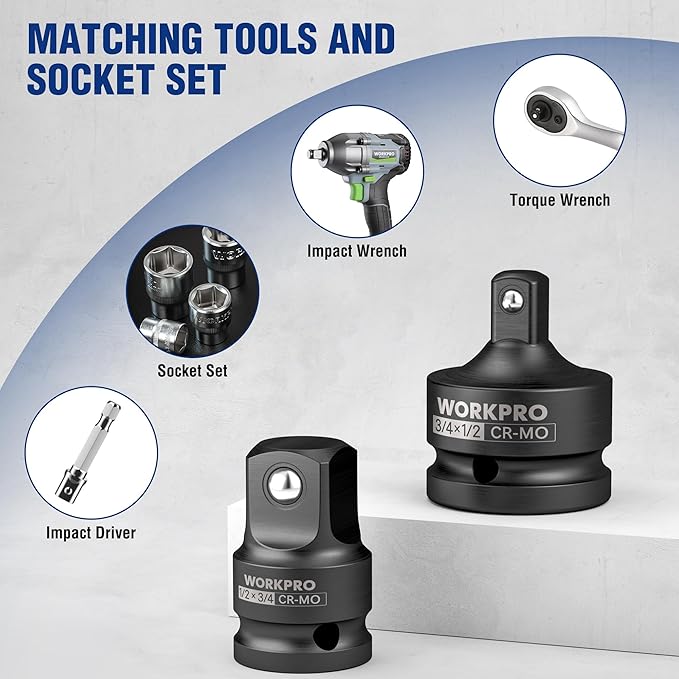 WORKPRO 2-Piece Impact Socket Adapter and Reducer Set, 3/4" F to 1/2" M & 1/2" F to 3/4" M Drive Socket Adapter Set, Cr-Mo Steel, Square Drive Adapter for Impact Driver Conversions
