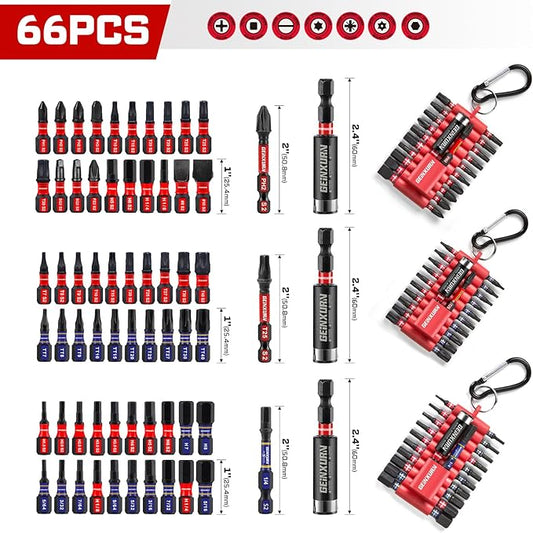 (PH/TORX/HEX/PZ/SQ/SL) Screwdriver Bits Set, 66 Pieces Impact 1?? 2?쒶agnetic S2 Steel Multi Power Insert Driver Bits and 3Pc Bit Holder with Organizer Sleeve