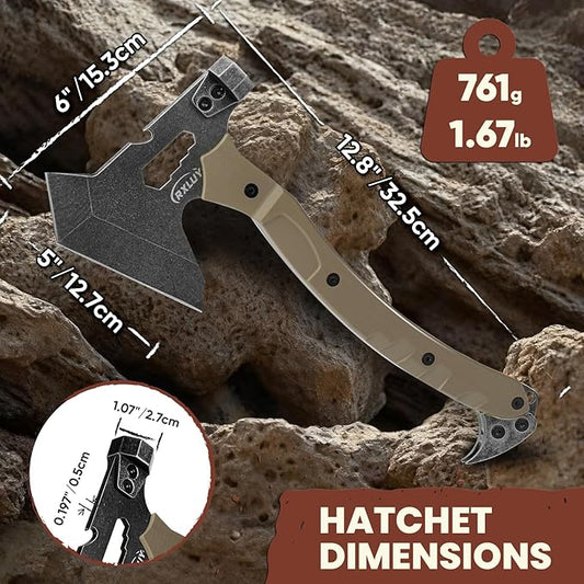 Tactical Axe with G10 Handle Camping Survival Hatchet, Multifunctional Hiking Outdoor Heavy Duty Full Tang Tomahawk Tools with Hammer, Unique Design Crowbar, Leather Sheath (Gray)