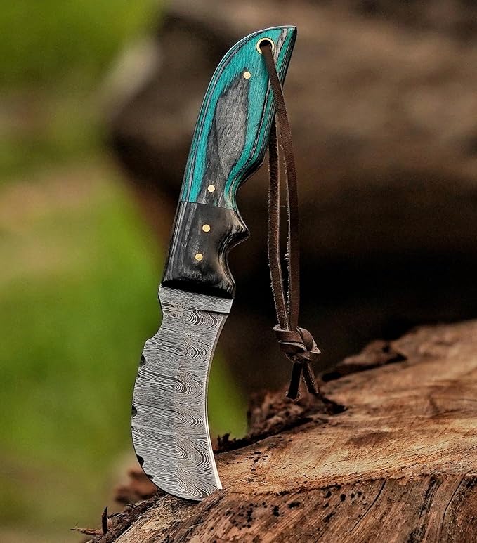 Damascuss Steel Lineman's Hawkbill Knife, Fixed Blade Full Tang, Turquoise Handle with Leather Sheath Electrician skinning knife for professional