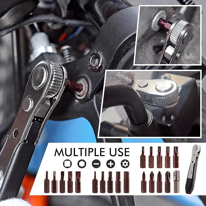 Mini Ratchet Set, Right Angle Screwdriver set with 1/4 Mini Ratchet Wrench and Bits for Tight Spaces