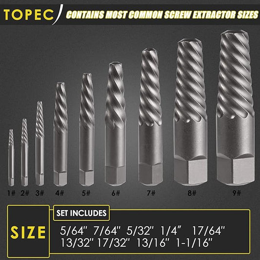 Topec 9 Piece Jumbo Spiral Flute Extractor -Easy Out Bolt Screw Extractor Set Square Shank Reverse Bit Set for Removing Broken Screws, Bolts, and Studs with Reverse Drill Bit Extractor Set