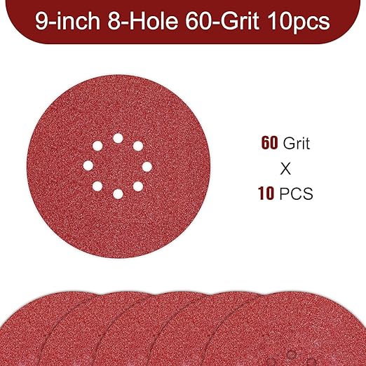 Awutzut 9 inch Sanding Discs 60 Grit 8 Holes Hook and Loop Sandpaper for Drywall Sander 10Pack