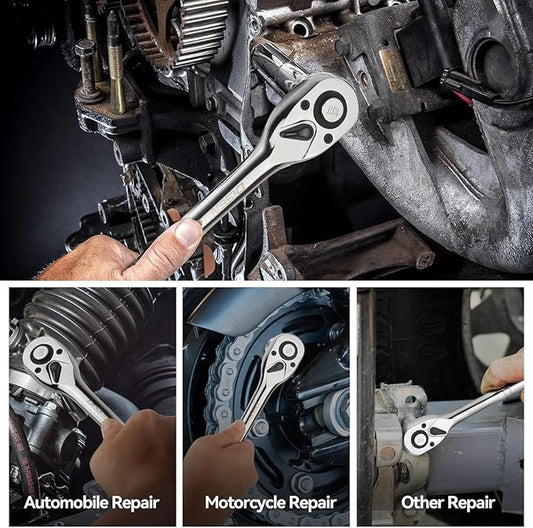 DISEN 3-Piece Standard Ratchet Set ??1/4", 3/8", 1/2" Drive with EVA Storage Tray | 100-Tooth Ratchet, Non-Slip Grip, Quick Release Button | Reversible Design with 3.6째 Swing for Tight Spaces