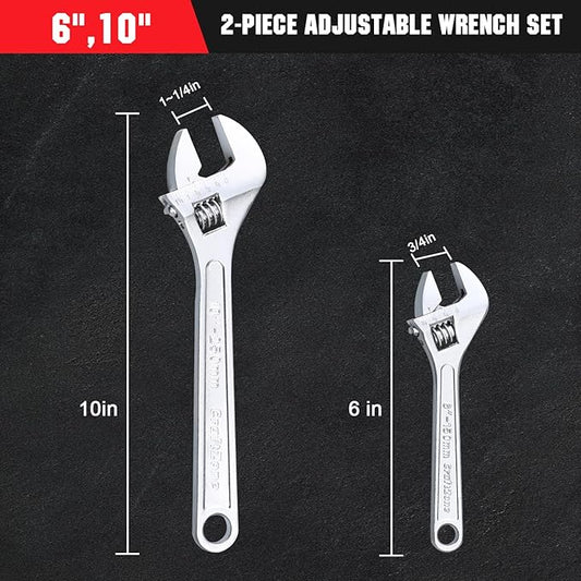 CRAFTZONE Adjustable Wrench Set, 2pc Wrench Sets with SAE and Metric Scales, Heat-Treated Carbon Steel with Chrome Plated, Wide Jaw Wrenches for Home, Plumbing, Garage (6, 10 Inch)
