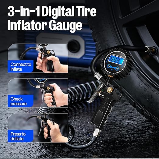 SPECSTAR 2 Pack Digital Tire Inflator with Pressure Gauge, Night Available 250 PSI Air Chuck and Compressor Accessories with Rubber Hose and Quick Connect Attachment for 0.1 Display Resolution
