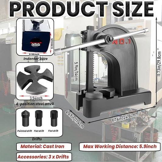 1 Ton Arbor Press with 3 Drift, Manual Cast Iron Arbor Press, 11.73"H Heavy Duty Manual Desktop Arbor Press, Manual Bench Press for Stretching, Deforming, Metal Punching (Black)