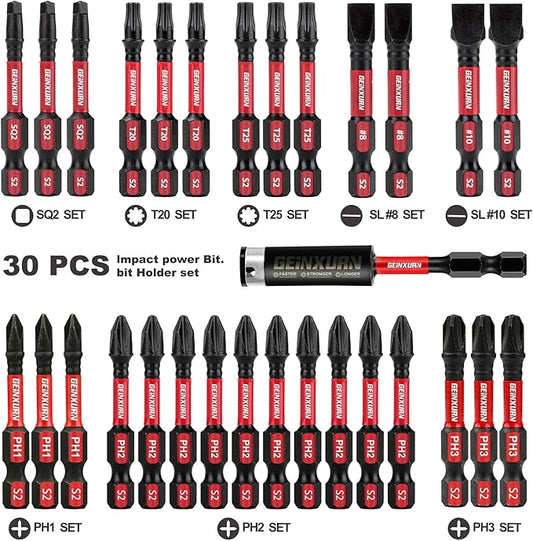 Screwdriver Bit Set with PH1/PH2/PH3/SQ2/T20/T25/SL8/SL10 and 1Pcs Impact Bit Holder, 30Pack Bulk Impact Rate Insert Driver Bit Set