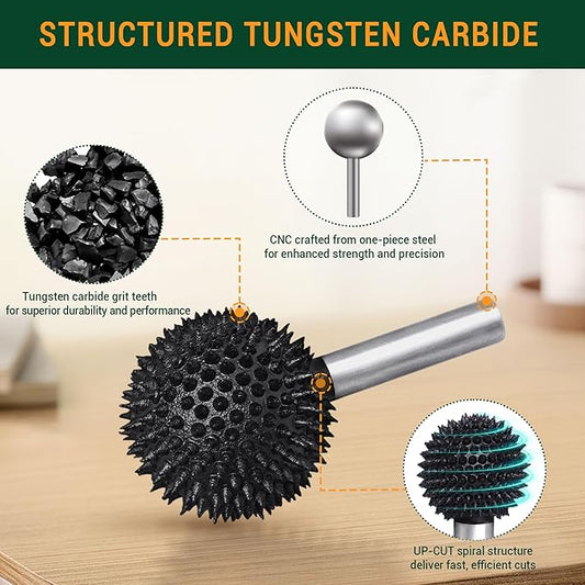 Extreme Coarse Sphere Rotary Burr, 1??" Shaft, Ball Shape Rotary Rasp bit for Wood carving-fit Bosch,Foredom, DeWalt, Milwaukee Tools- Abrasive Tungsten Carbide Rasp Sphere, 1-1/4" Head Diameter