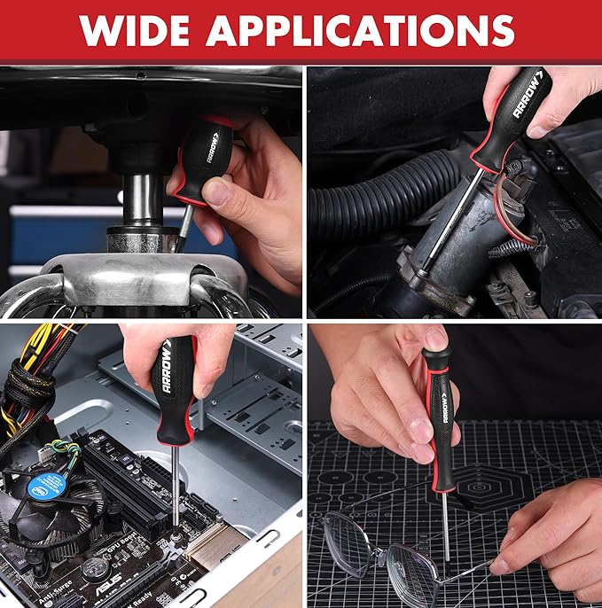 ARROW 11-Piece Magnetic Screwdriver Set, Cr-V Steel Screw driver Set with Magnetizer/Demagnetizer, 2 PCS Precision Screwdriver, Non-Slip Grip, Magnetic Phillips & Flathead Tips, for Home Improvement