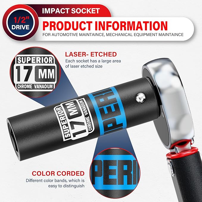 1/2" Drive Impact Socket, 17 mm Deep Socket, Metric, 6 Point, CR-V, for Automotive Maintaince, Mechanical Equipment Maintaince