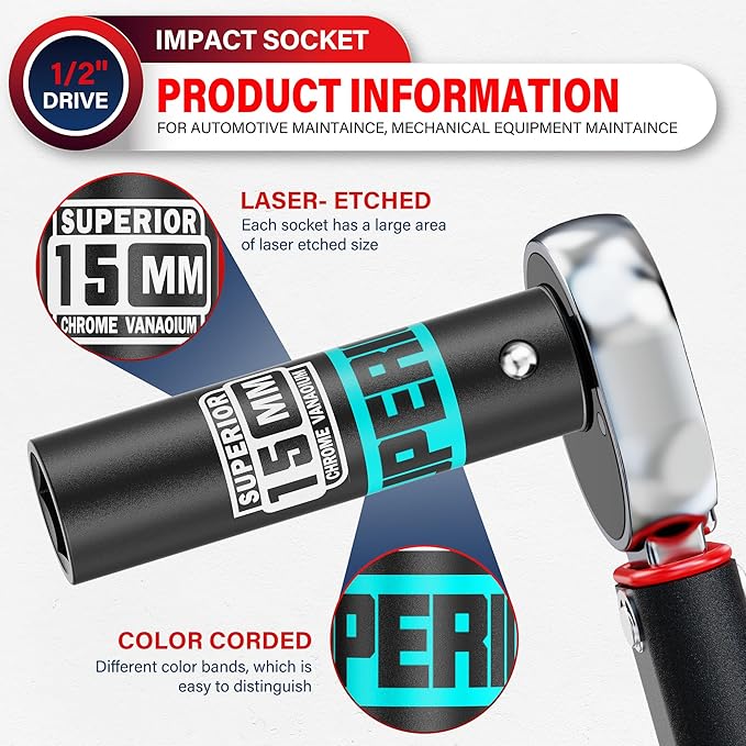 1/2" Drive Impact Socket, 15 mm Deep Socket, Metric, 6 Point, CR-V, for Automotive Maintaince, Mechanical Equipment Maintaince