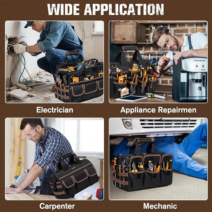 16.5-Inch Heavy Duty Tool Bags for Men, 34-Pockets Large Tool Bag with Adjustable Shoulder Strap, Portable Tool Bag Organizer for Electricians Mechanics Carpenters Construction Workers HVAC