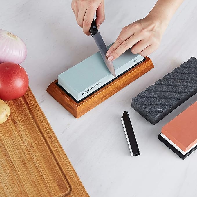 Amazon Basics Whetstone Knife Sharpening Wet Stone Dual Sided 400/1000 and 3000/8000 Grit Stones, Flattening Stone, and Non-Slip, Bamboo Base, 3 Count (Pack of 1), Black & Grey