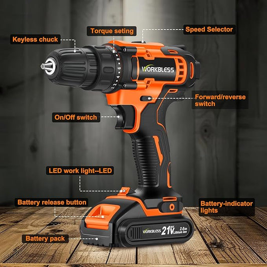 WORKBLESS 21V Power Drill Set, Cordless Drill with Battery and Charger, 3/8'' Keyless Chuck, Variable Speed, 18+1 Torque Setting and 28pcs Drilling/Driver Bits Tool Set(Orange)