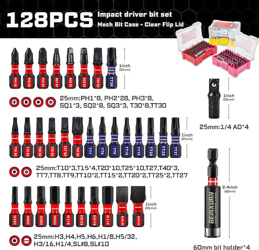 128Pieces Impact Screwdriver Bits Set, S2 Steel Magnetic Phillips/Slotted/Square/Security Torx/HEX Muliti Insert Bits Tips Set with Impact Bit Holder and 1/4?쒾ocket Adapter(Storage Box Case)