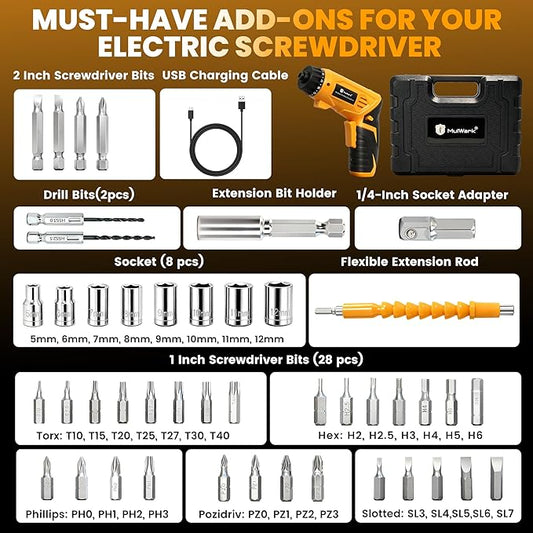 MulWark Electric Screwdriver Set, 4V Cordless Screwdriver with 46 Precision Driver Bit Set in Carrying Case Rechargeable 2-Position Handle, Powered Screwdriver Kit for Home Improvement, DIY Projects