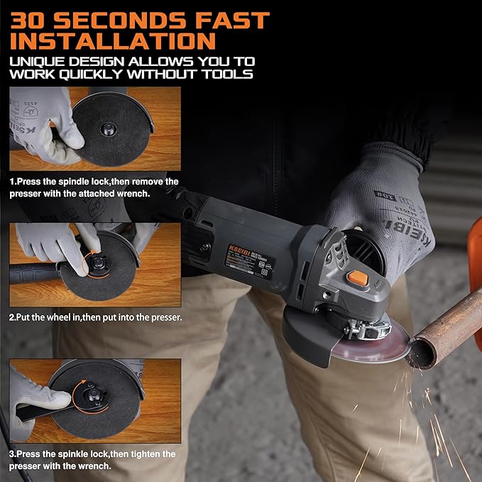 KSEIBI 711943K Angle Grinder Tool - 4 1/2 inch, 950W, 8Amps, 11000RPM, Corded Power Tools Long Handle with 7/8" Arbor Grinding and Cutting Wheels, Flap Disc, Quick Adjustable Guard, and Storage Bag