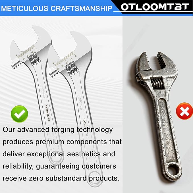 OTLOOMTBT 4-Piece Adjustable Wrench Sets (6, 8, 10, 12 Inch) with Industrial Grade Heavy Duty Design and Wide Opening Capacity. Forged from Chrome Vanadium Steel for Extreme Durability, Chrome Plating